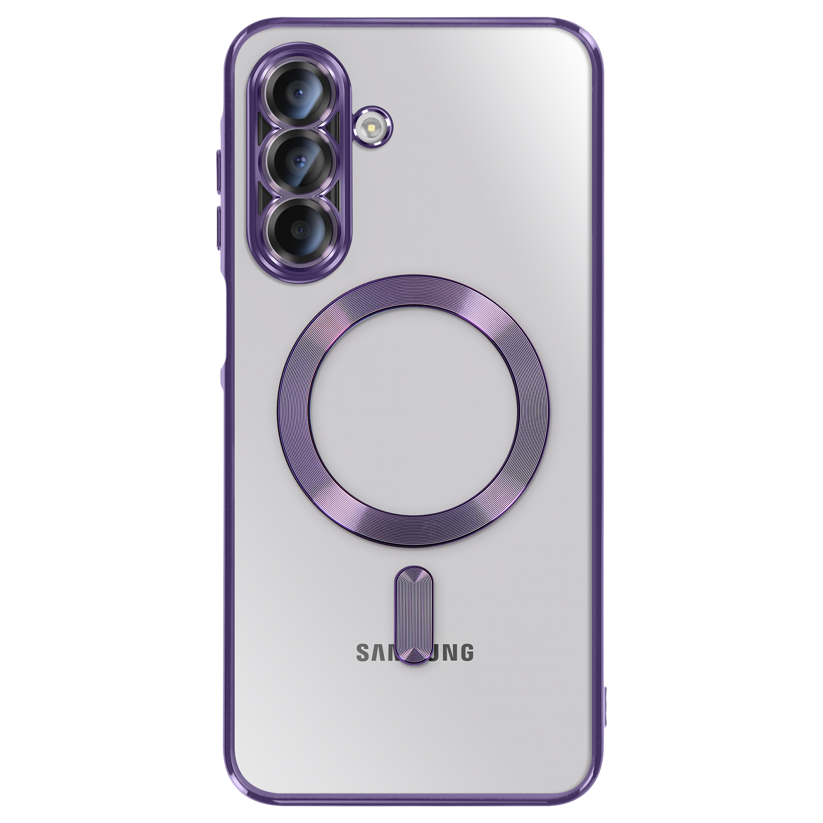 Een transparante telefoonhoes met paarse accenten. Het heeft een camera-array en een magnetische ring aan de achterkant. Het Samsung-logo is zichtbaar.
