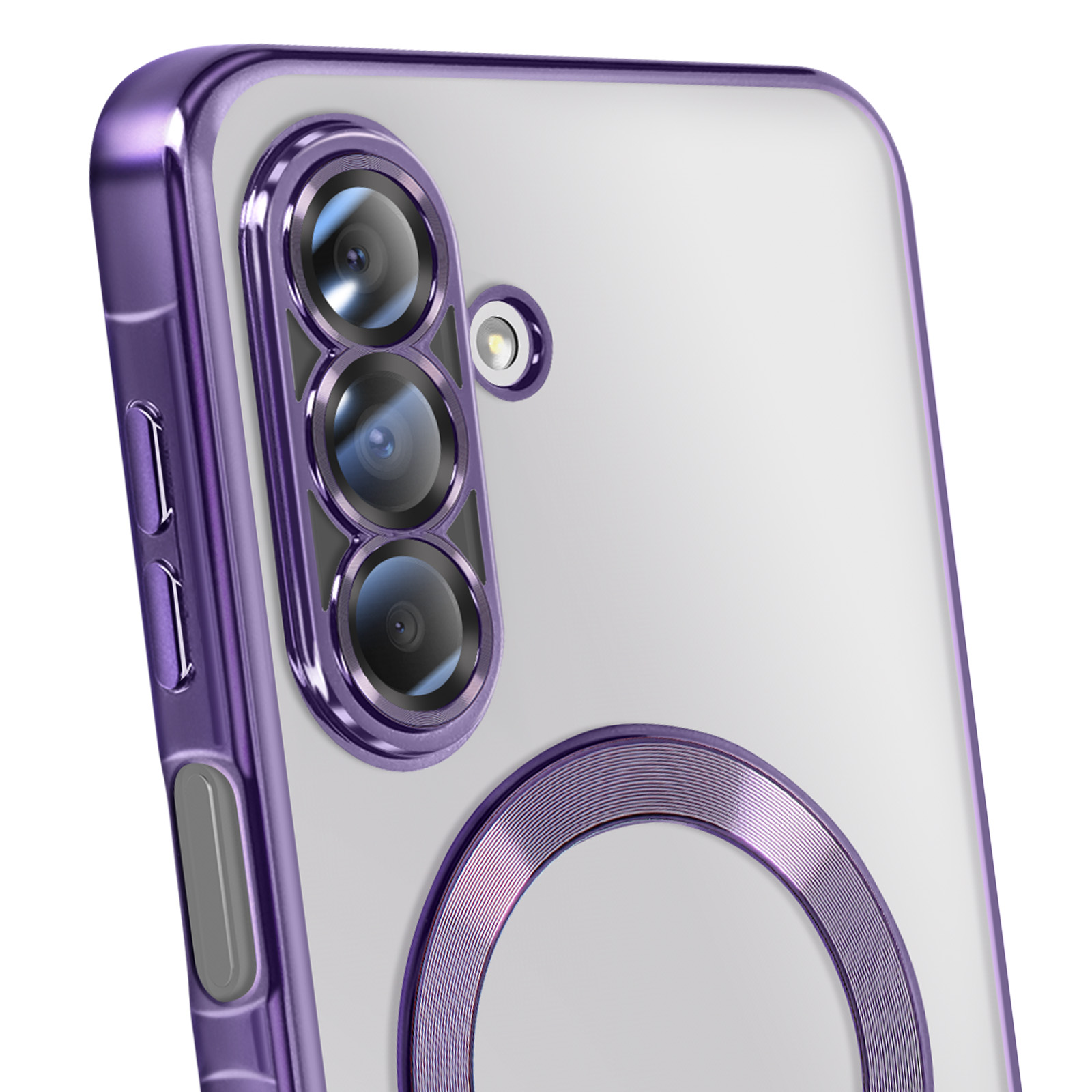 Close-up van een telefoonhoesje met een paarse cameraring, zijknoppen en een doorzichtige achterkant.