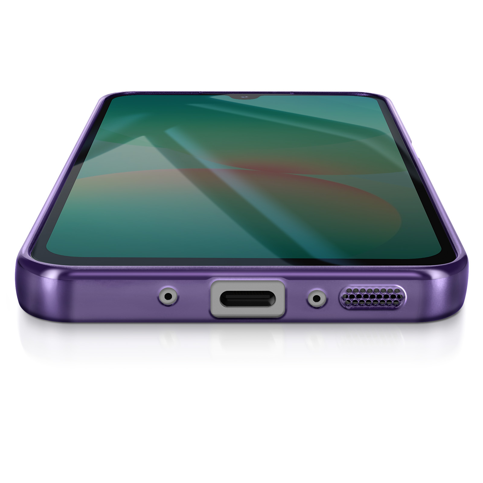 Een paarse smartphone met een groen scherm wordt in een hoek weergegeven. De telefoon heeft een glanzende afwerking en een witte achtergrond.