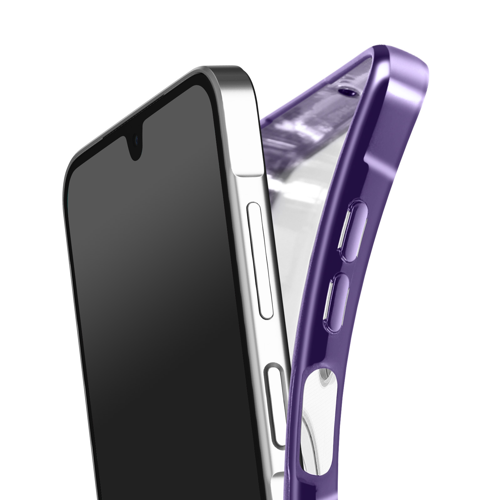 Een smartphone met een zwart scherm staat naast een paarse telefoonhoes. De achtergrond is effen wit.