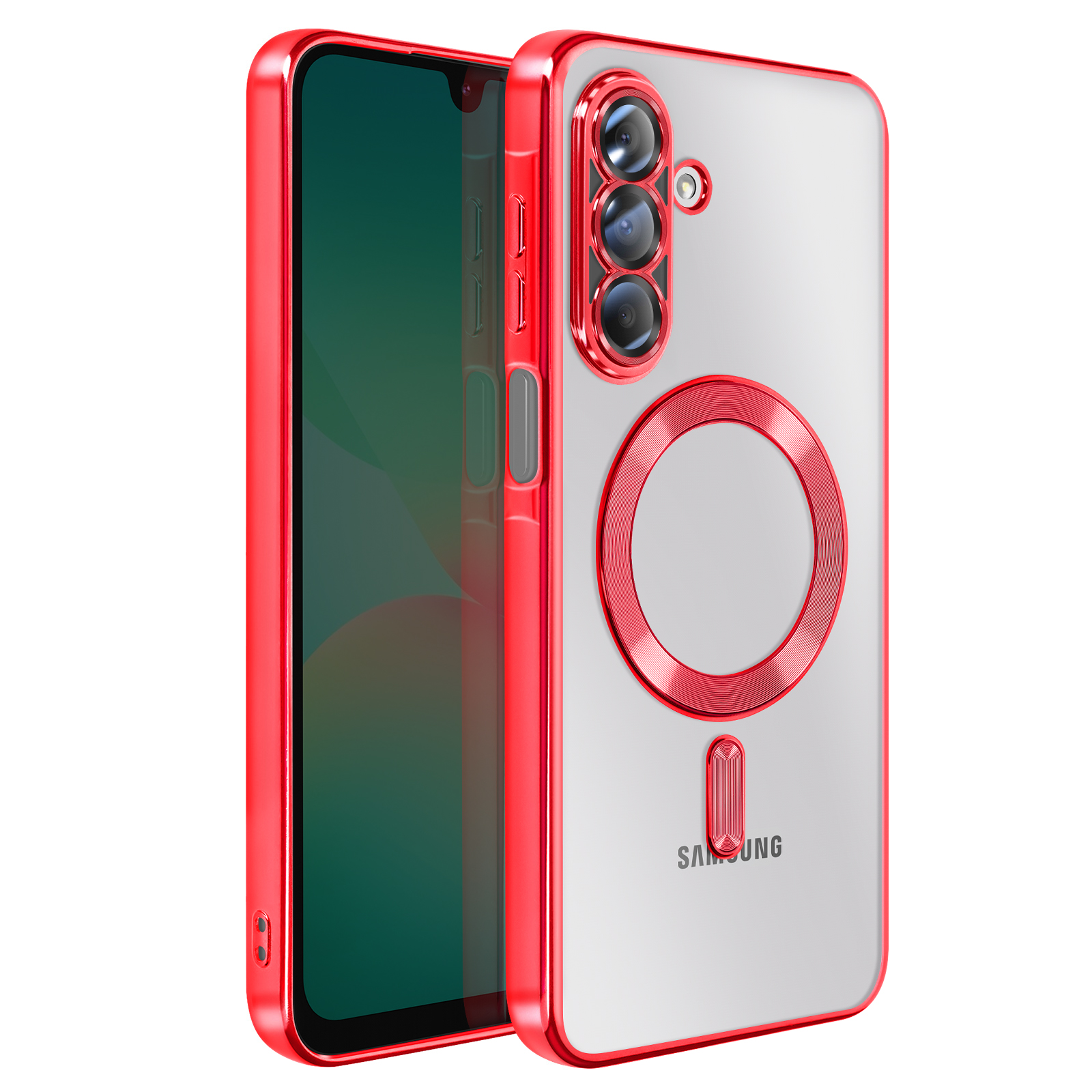 Une coque de téléphone. Cadre rouge, dos transparent. Comprend des découpes de caméra, un anneau magnétique et le logo Samsung.