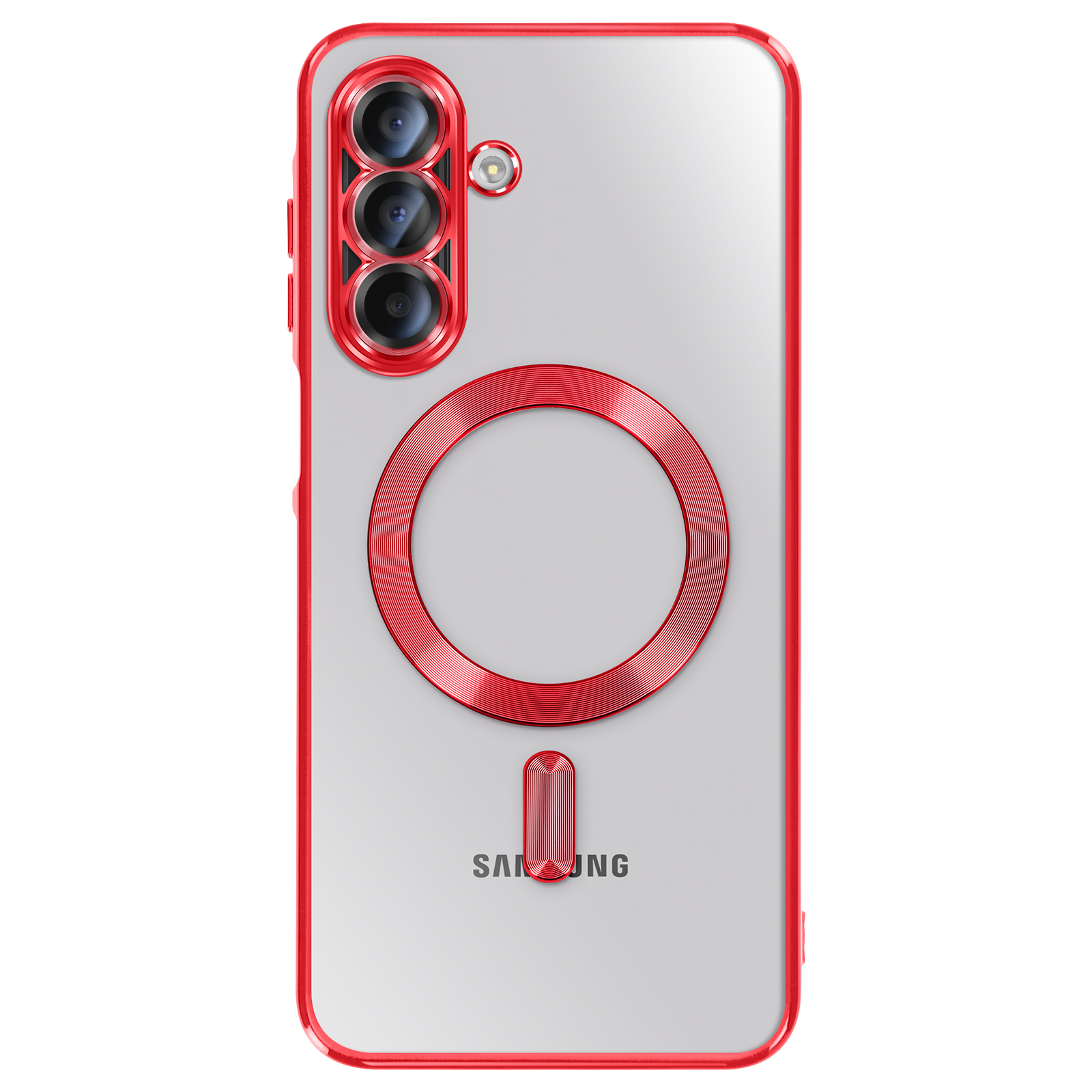 Une coque de téléphone transparente avec un cadre et des détails rouges. La coque a un anneau magnétique et des détails de caméra.