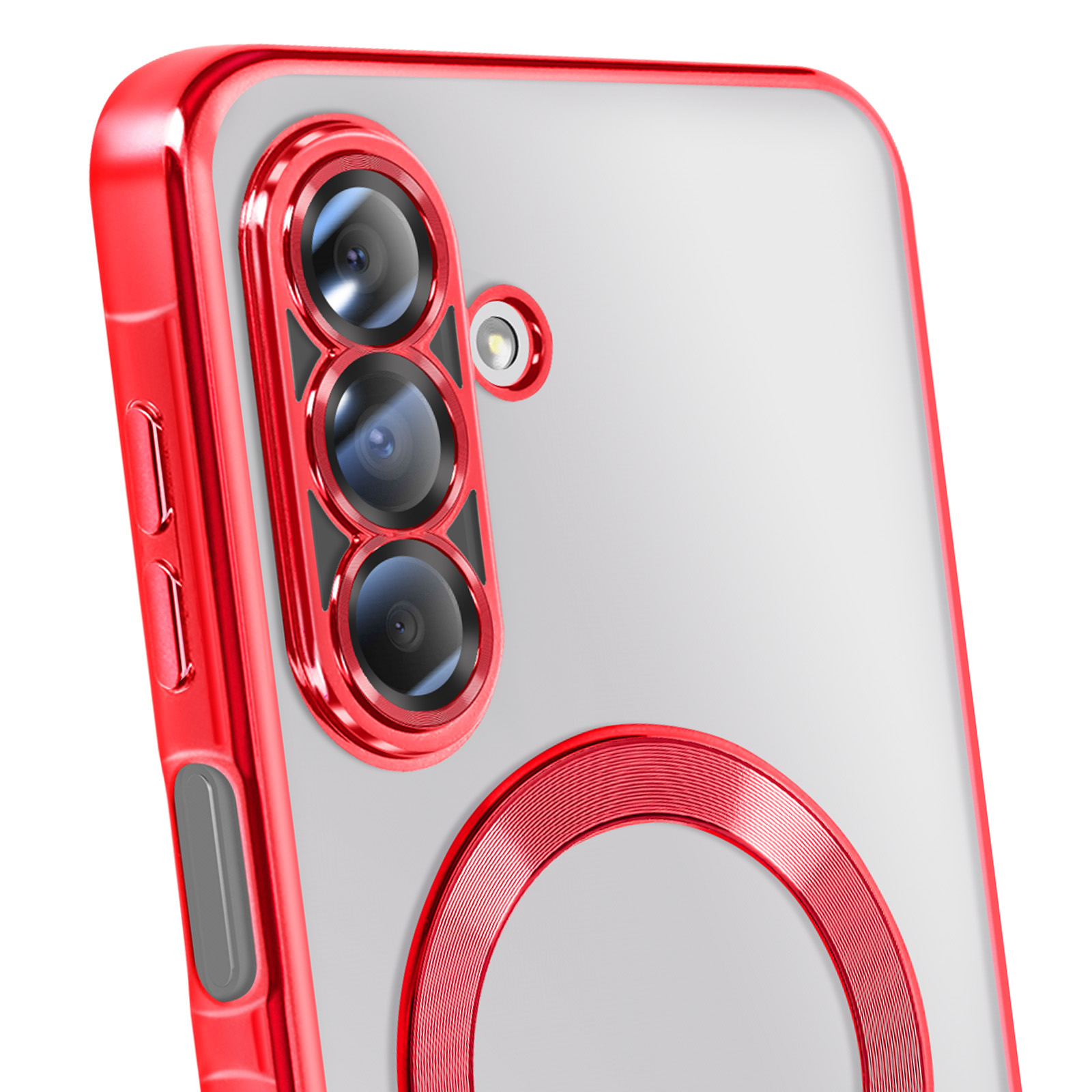 Gros plan sur une coque de téléphone avec un cadre rouge. On voit les lentilles de l'appareil photo et un cercle rouge.