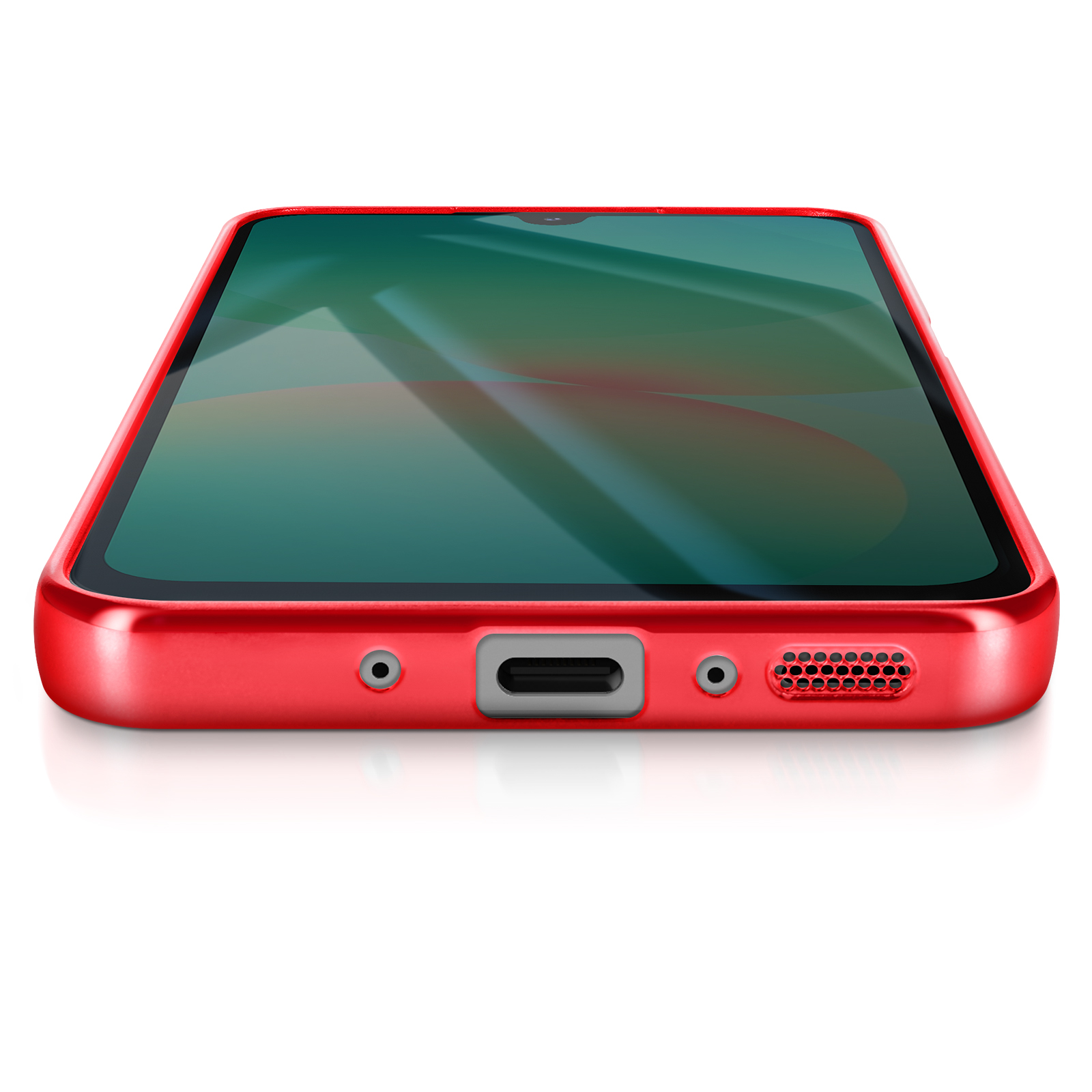 Un smartphone rouge avec écran noir, posé sur une surface blanche. L'écran affiche un motif abstrait vert et rouge.