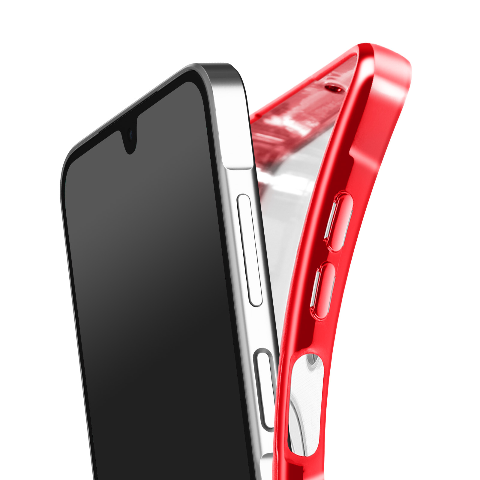 Un smartphone avec un écran noir et une coque rouge. Le téléphone est argenté. La coque est rouge et transparente.