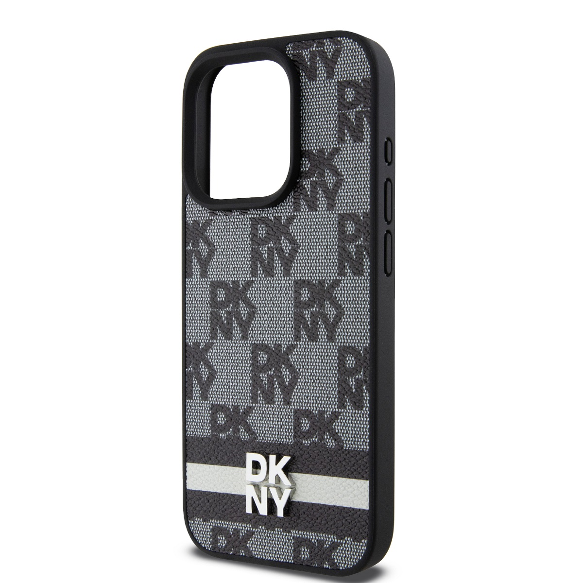 Una custodia per telefono con un motivo DKNY in bianco e nero. Ha una striscia bianca con il logo DK NY. La custodia è su sfondo bianco.