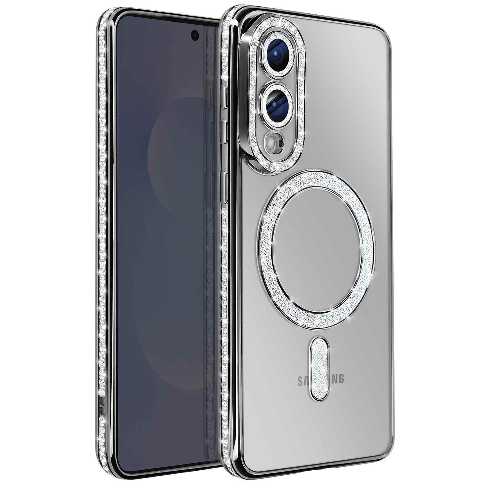 Une coque de téléphone argentée avec des strass sur les bords et l'appareil photo, et un dos transparent.