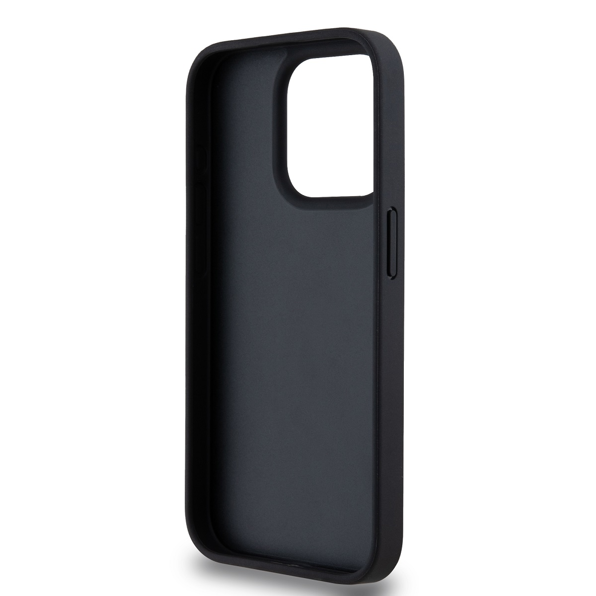 Una custodia per telefono nera con un foro per la fotocamera e un pulsante laterale. Lo sfondo è bianco.
