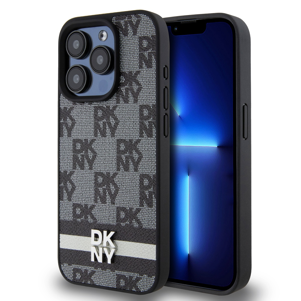 Un iPhone con custodia DKNY. La custodia è nera e grigia con il logo DKNY. Lo schermo del telefono è blu.