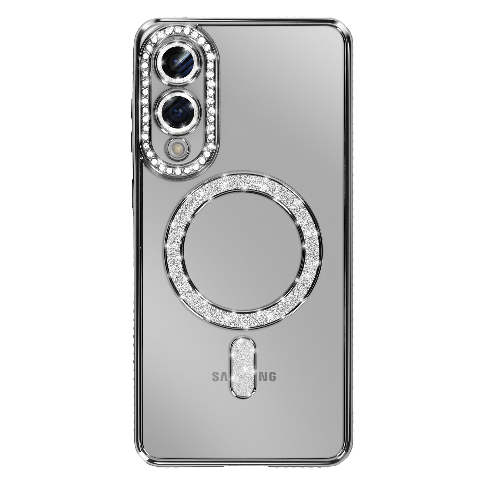 Coque de téléphone transparente avec cadre argenté et accents de diamants autour des lentilles de l'appareil photo, d'un cercle et d'un rectangle. Logo Samsung visible.