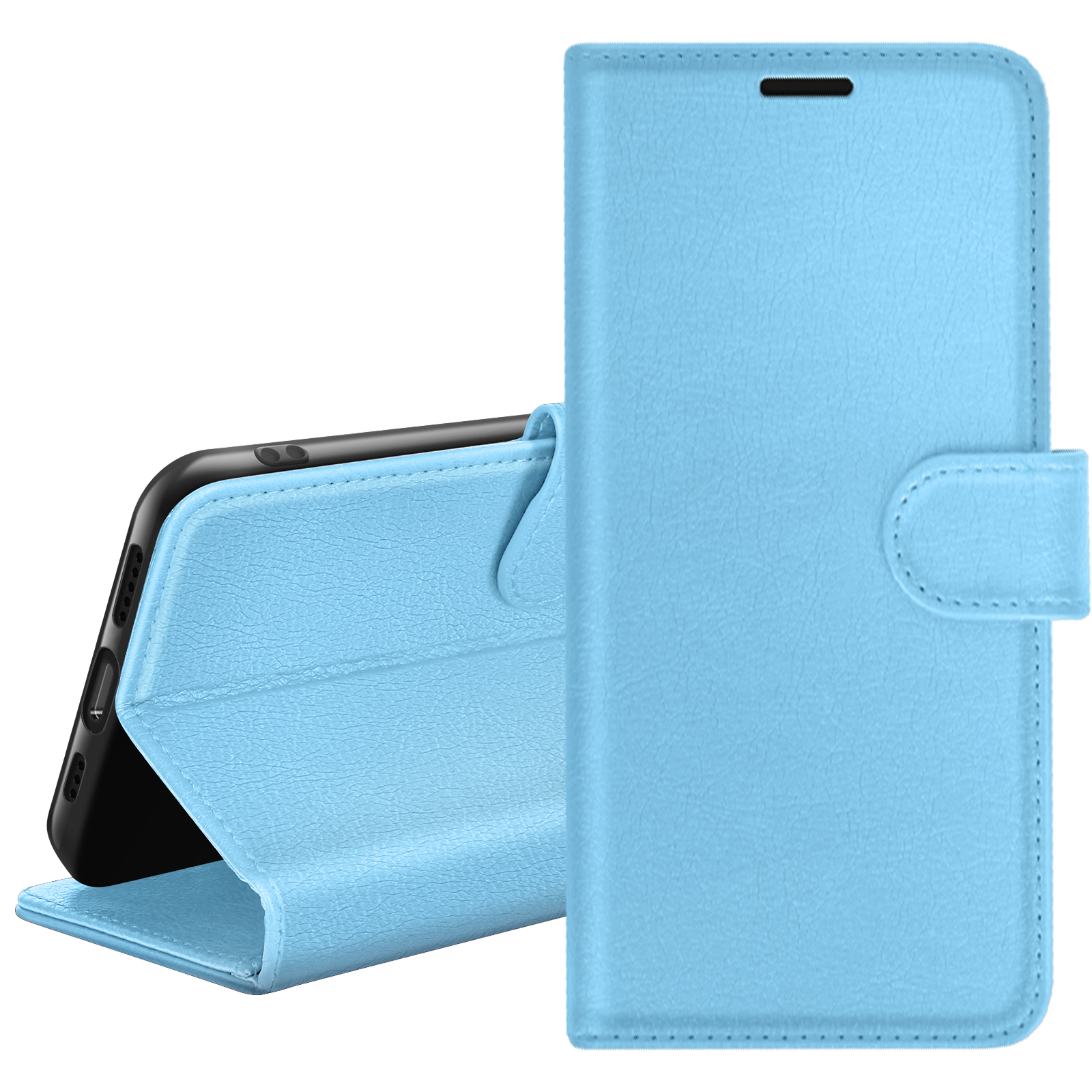 Un étui de téléphone bleu clair est ouvert, révélant un téléphone noir. L'étui est fait d'un matériau texturé.