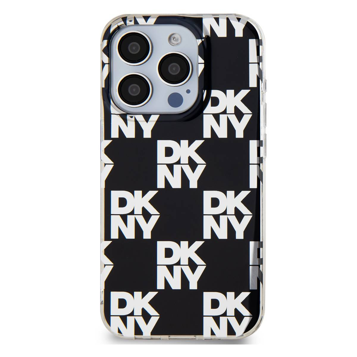 Una custodia nera per telefono con un motivo di loghi bianchi "DKNY". Il modulo fotocamera del telefono è visibile in alto.