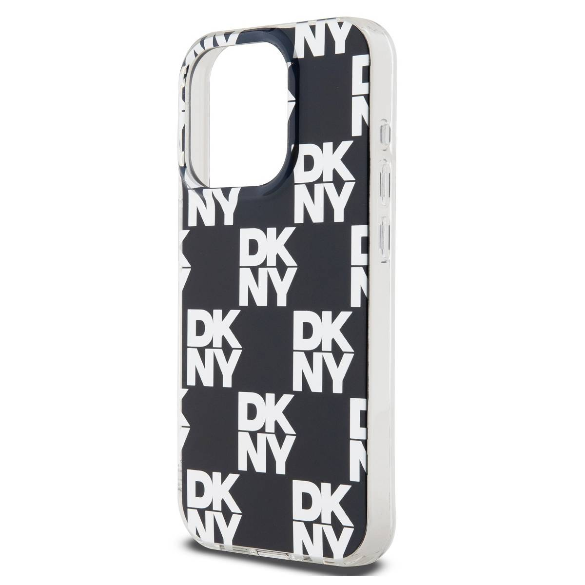 Una custodia per telefono DKNY. La custodia è nera con scritte bianche DKNY NY. Il bordo è trasparente.