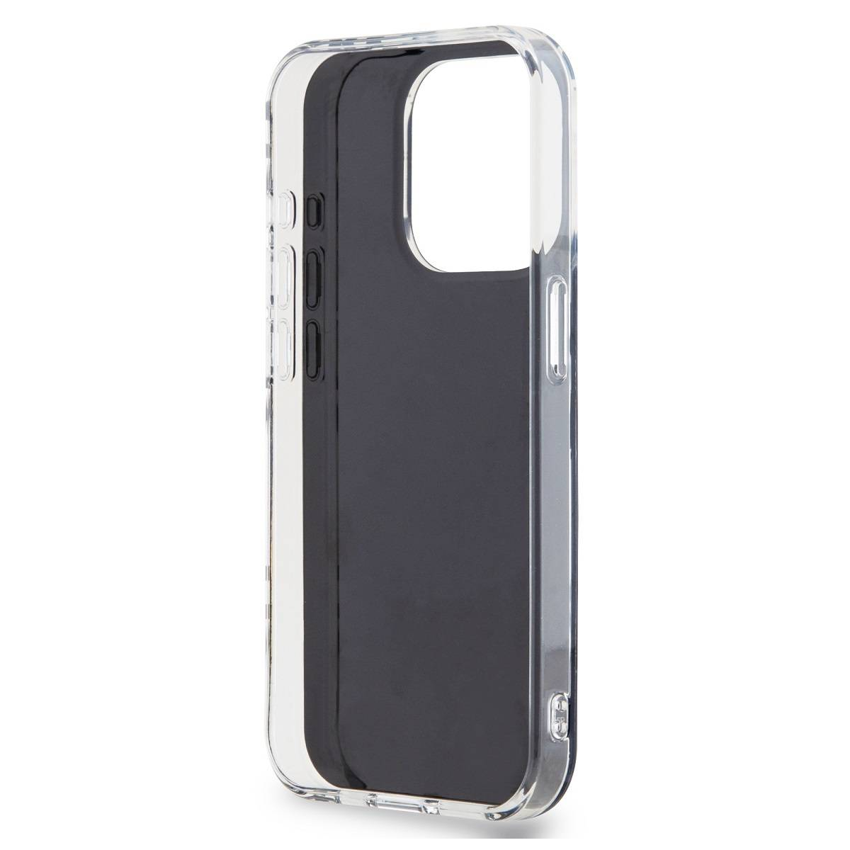 Custodia trasparente per telefono con interno nero, pulsanti trasparenti e ritaglio per fotocamera. Su sfondo bianco.