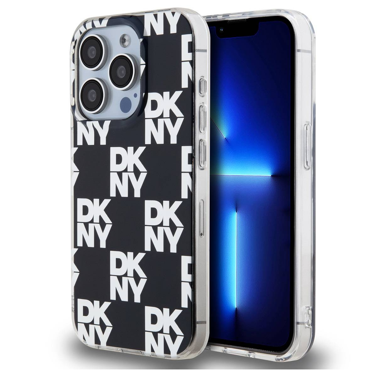 Un iPhone con una custodia DKNY bianca e nera. La custodia ha il logo ripetuto e lo schermo del telefono è blu.