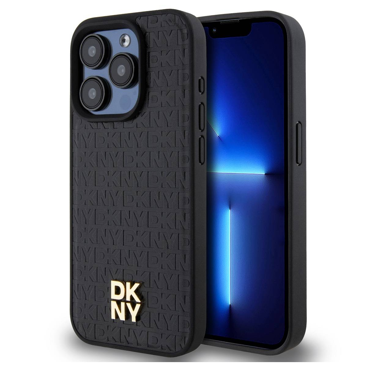 iPhone 13 Pro nero con custodia DKNY nera. La custodia ha un motivo strutturato e il logo DKNY dorato.