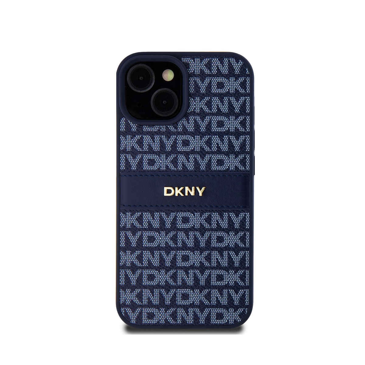Una custodia blu navy per iPhone con il logo DKNY. La custodia è ricoperta da un motivo con le lettere 'DKNY'.