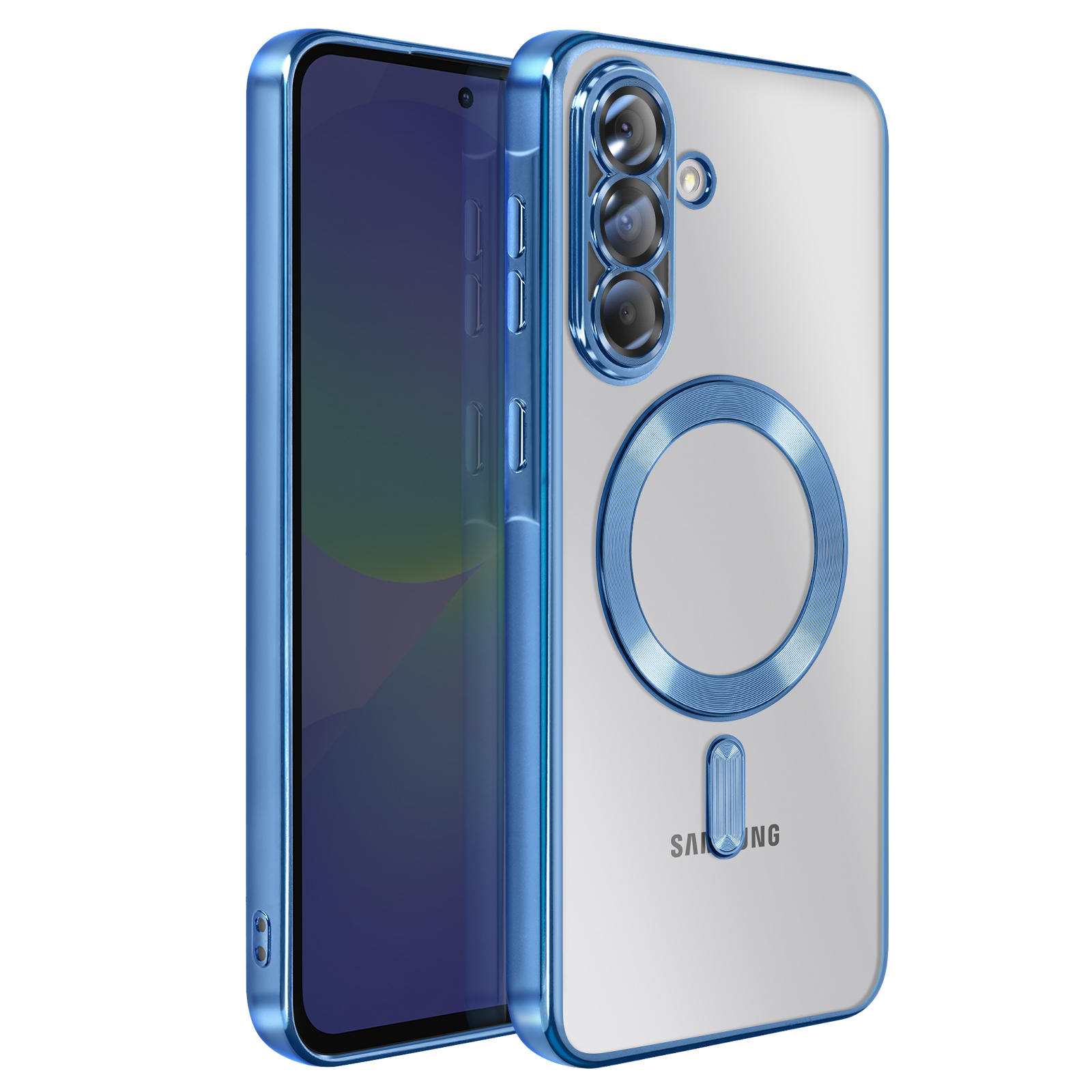 Un étui de téléphone bleu avec un dos transparent, montrant le logo Samsung. Il a un anneau bleu et un cadre bleu. L'écran du téléphone est visible.