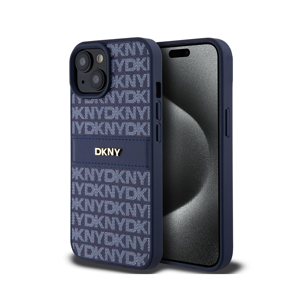 Un iPhone blu navy in una custodia DKNY. La custodia ha il logo DKNY e un motivo ripetuto di "KNY". Lo schermo del telefono è visibile.