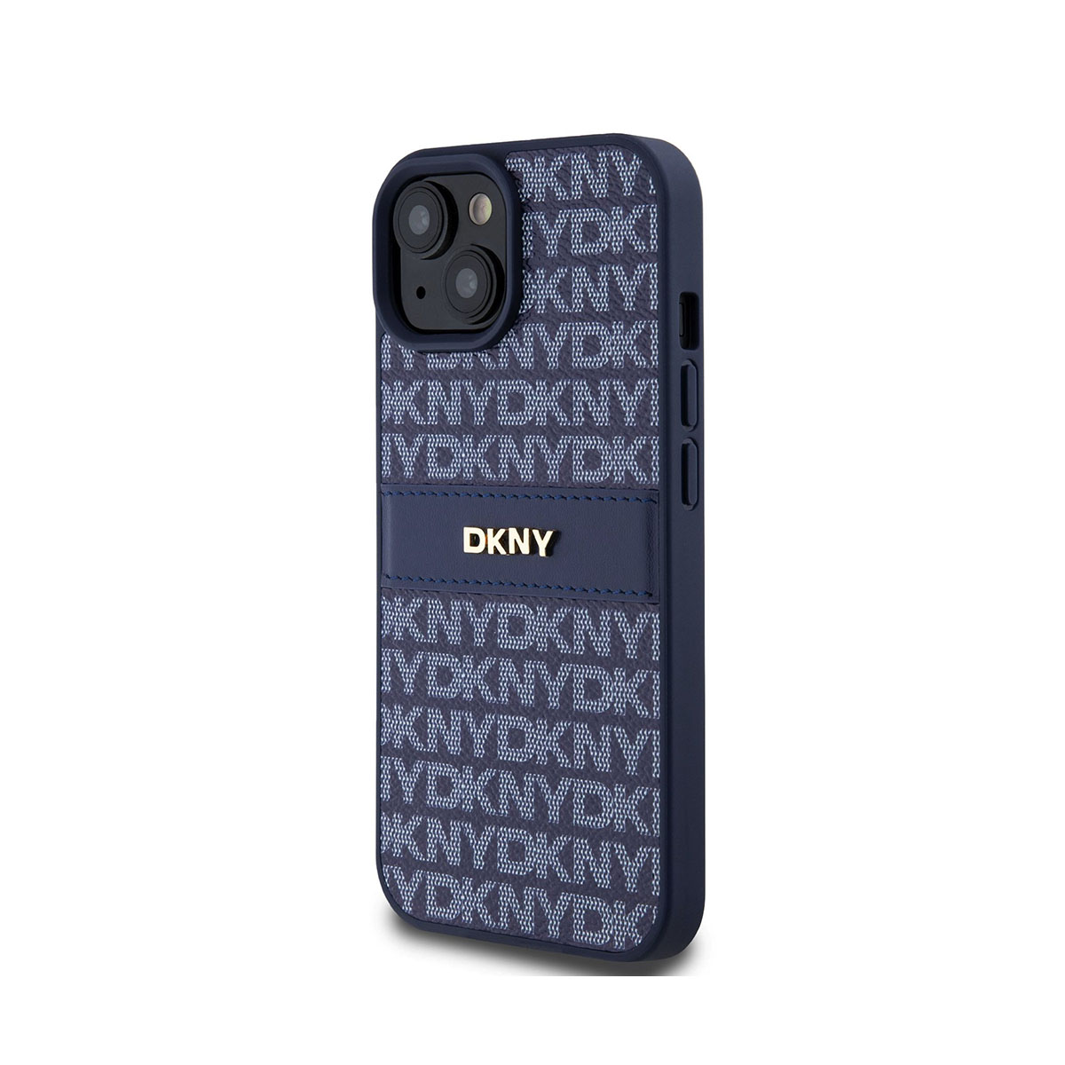 Una custodia per iPhone blu navy con un motivo 'KNY' e 'DKNY'. Il logo DKNY è dorato. La custodia è su sfondo bianco.
