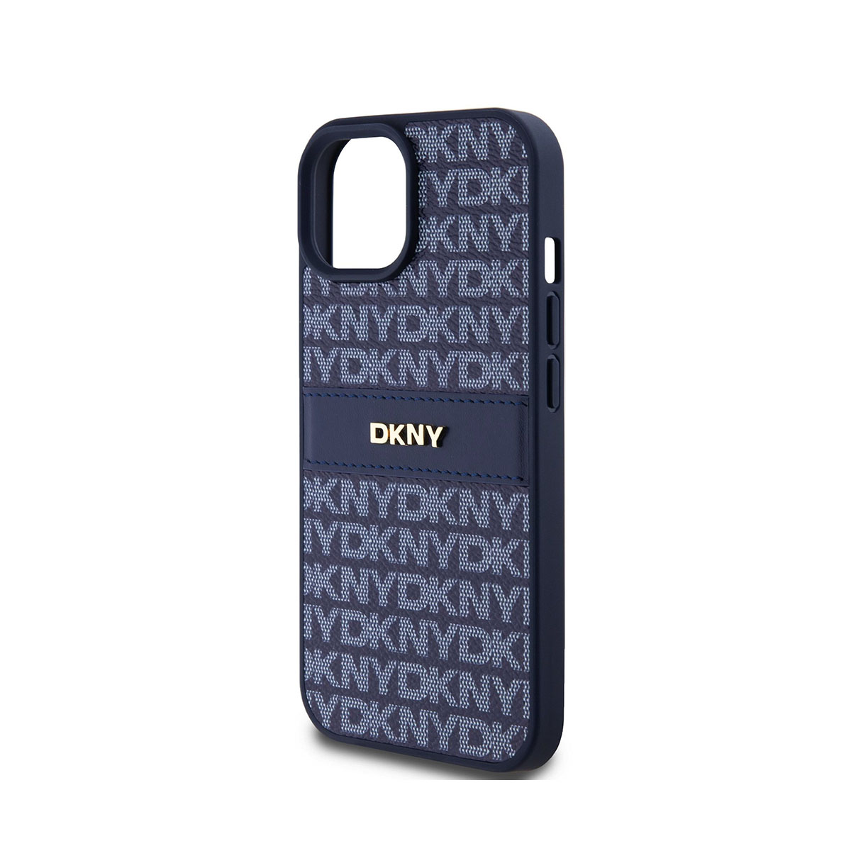 Una custodia per telefono DKNY blu navy. La custodia ha il logo DKNY e un motivo ripetuto del logo DKNY. La custodia è angolata.
