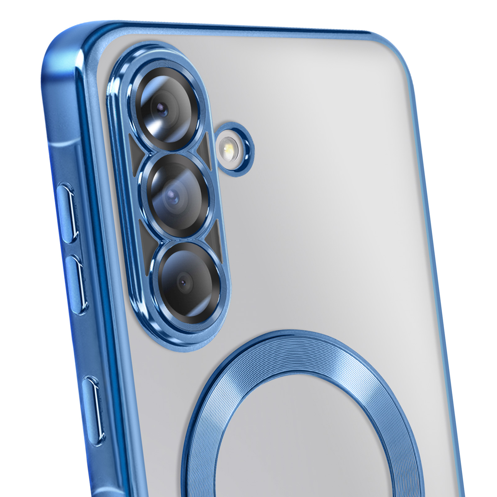 Un module de caméra de smartphone avec trois lentilles et un flash, enfermé dans un étui bleu.