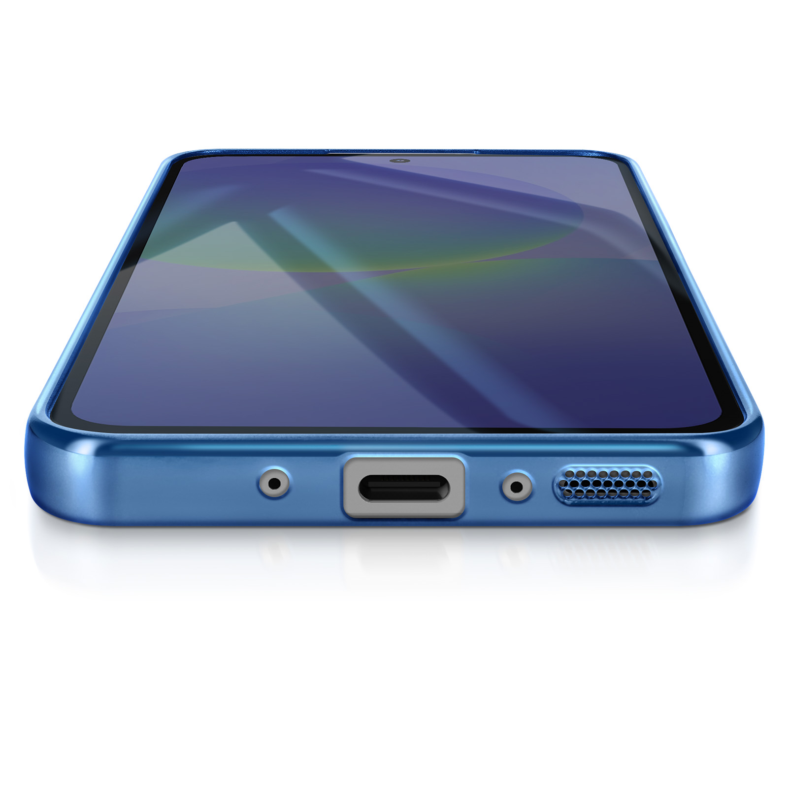 Un smartphone bleu avec un écran sombre est couché. Le téléphone a un cadre bleu, montrant le bas avec des ports.