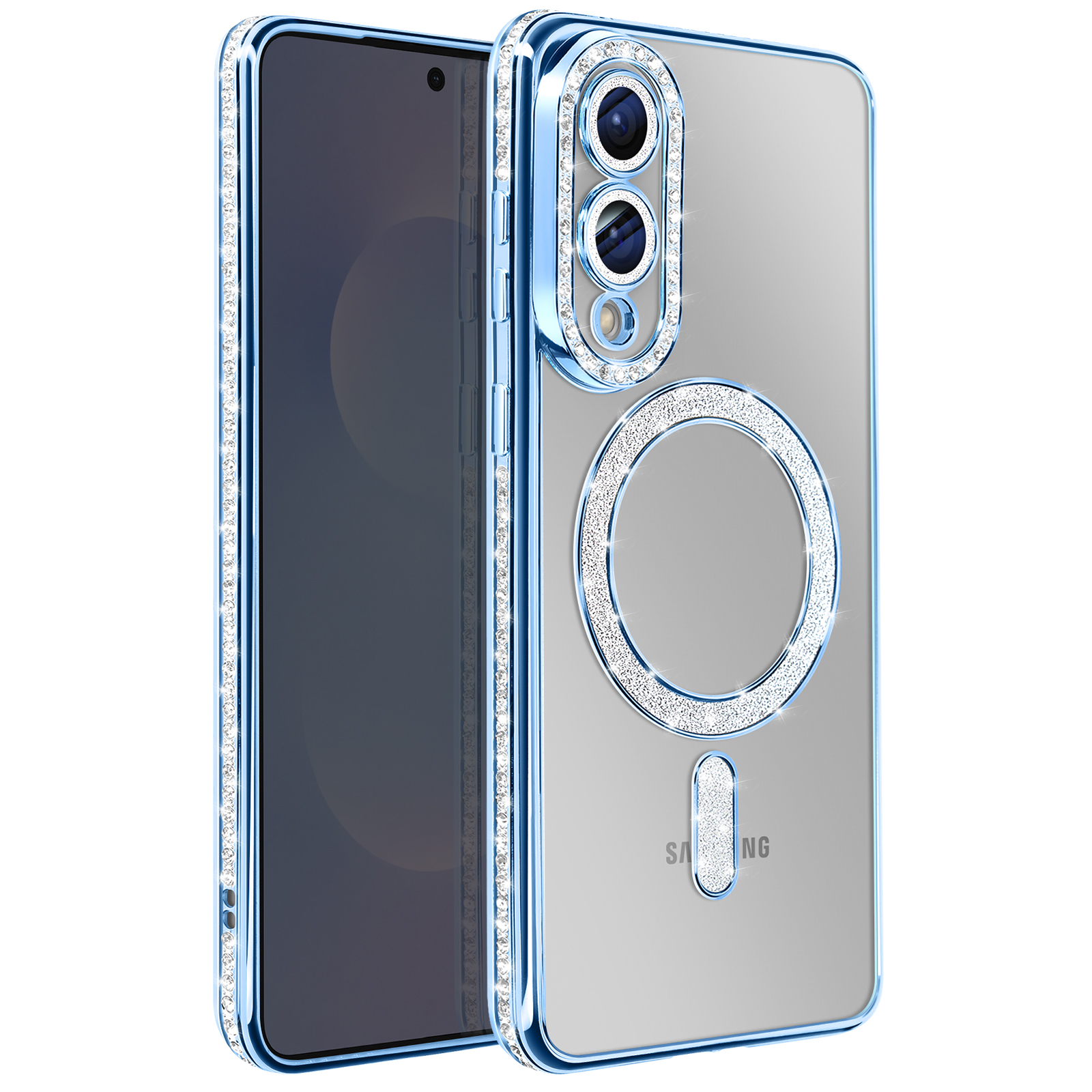 Coque de téléphone transparente avec cadre et anneau de caméra bleus sertis de bijoux. Un anneau et un rectangle sont également sertis de bijoux.