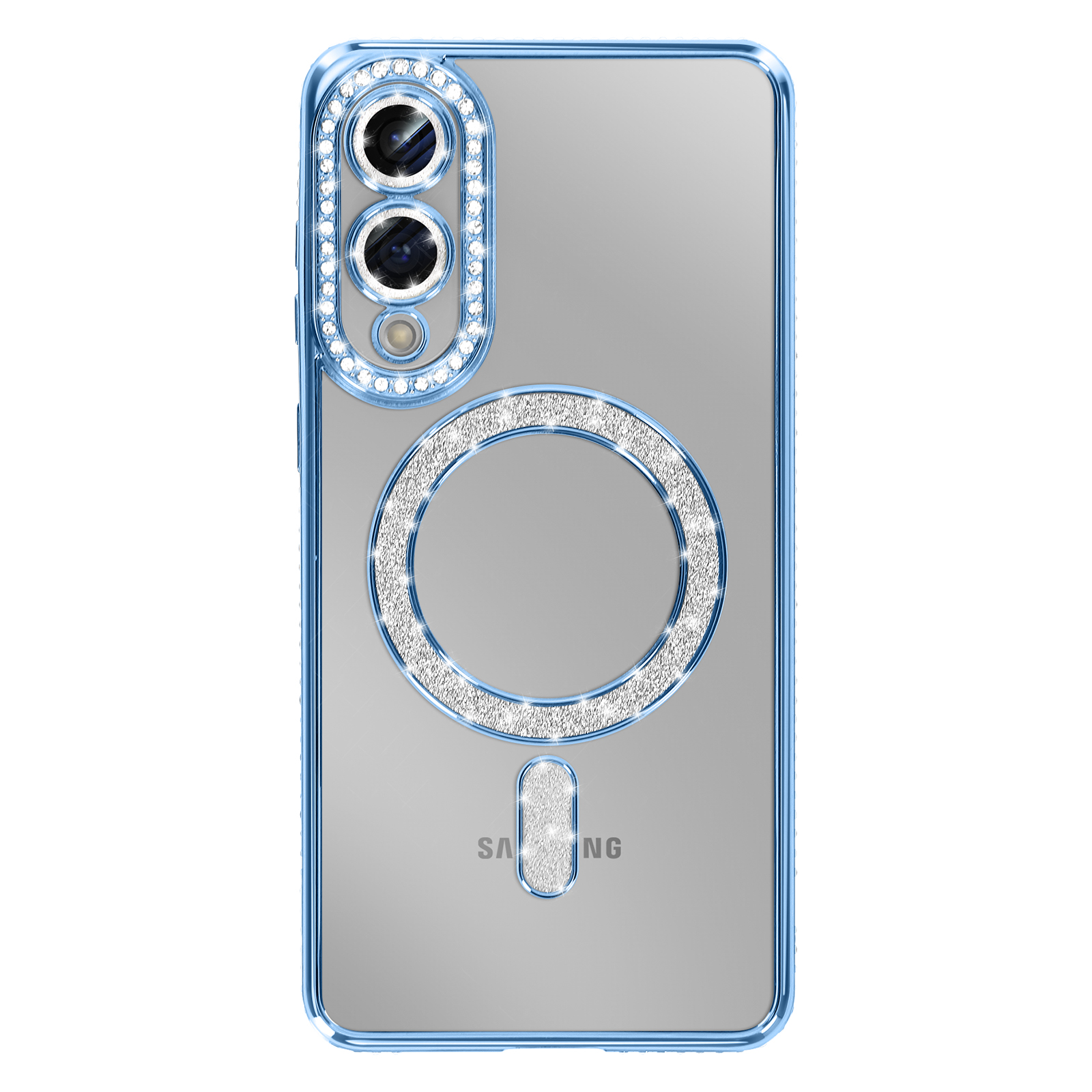 Une coque de téléphone transparente avec un cadre bleu. Elle a un contour de caméra clouté de diamants et un anneau de diamants.