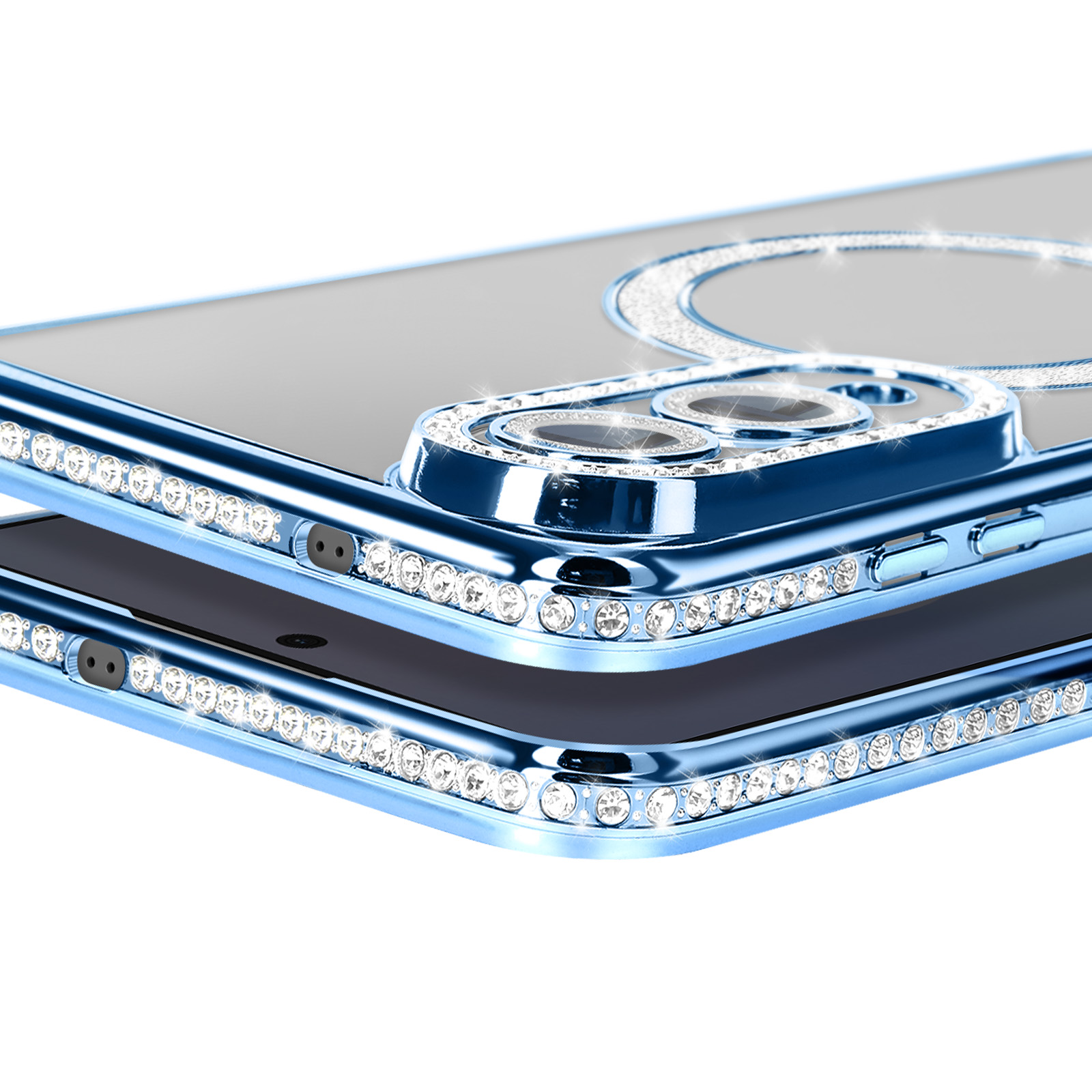 Gros plan d'une coque de téléphone bleue avec des strass sur les bords et la zone de la caméra, et un fond blanc.