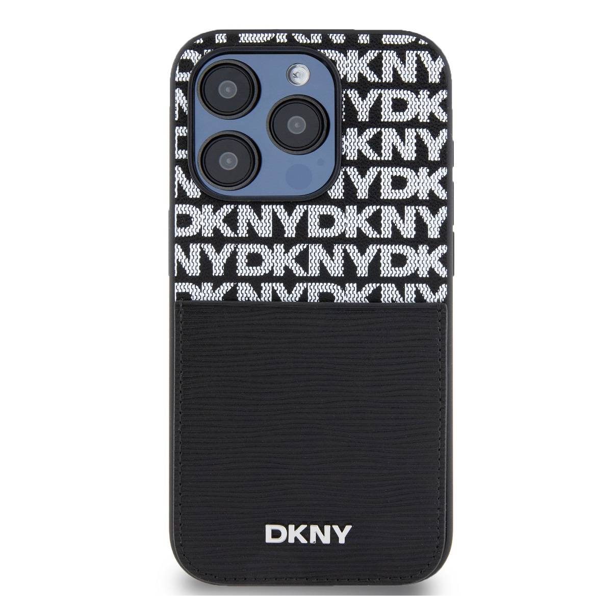 Una custodia per telefono DKNY bianca e nera. Ha una tasca nera effetto pelle e il logo del marchio. Il telefono ha tre fotocamere.