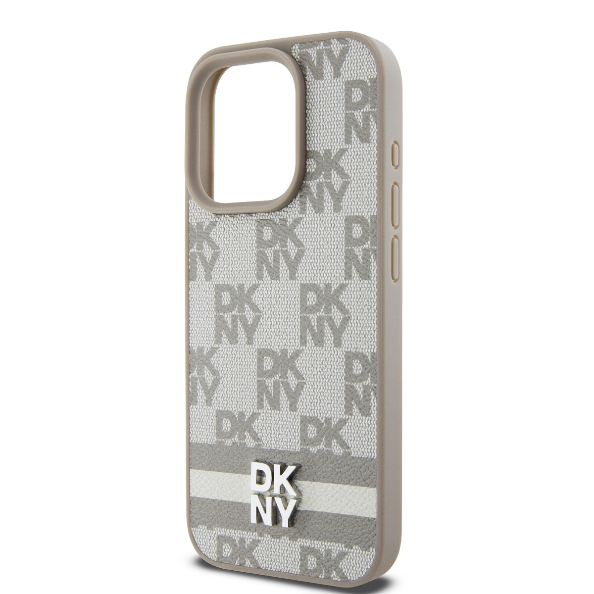Una custodia per telefono con il logo 'DKNY' ripetuto in un motivo. La custodia è grigio chiaro con un bordo beige e il logo in grigio più scuro.