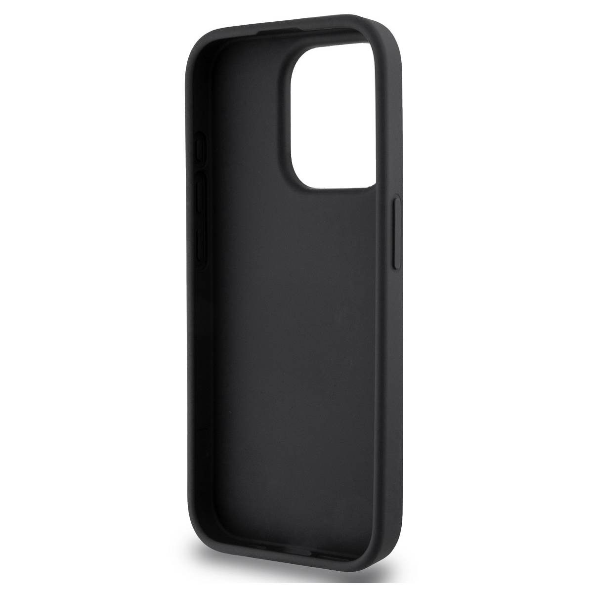 Una custodia nera per telefono con un ritaglio per la fotocamera. La custodia ha bordi arrotondati ed è probabilmente in silicone.