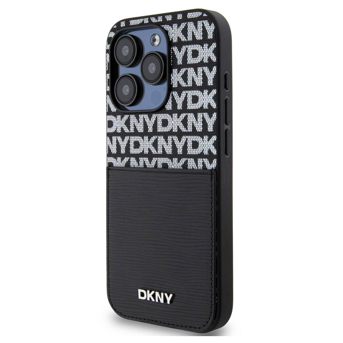 Una custodia nera per telefono con il logo DKNY. La parte superiore presenta un motivo DKNY in bianco. La parte inferiore ha una tasca nera strutturata.