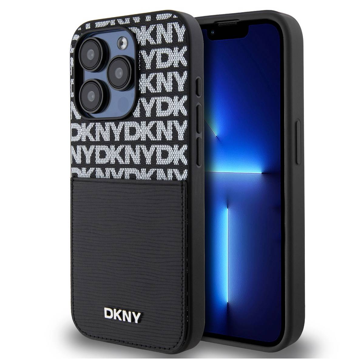 iPhone nero con custodia DKNY. La custodia ha un motivo con logo bianco e una tasca. Lo schermo del telefono è illuminato di blu.