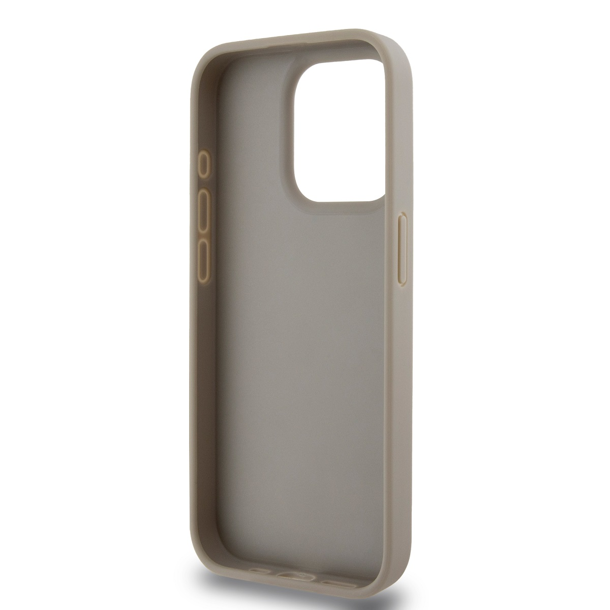 Una custodia per telefono marrone chiaro è mostrata su uno sfondo bianco. La custodia ha aperture per la fotocamera e i pulsanti. È di colore neutro.