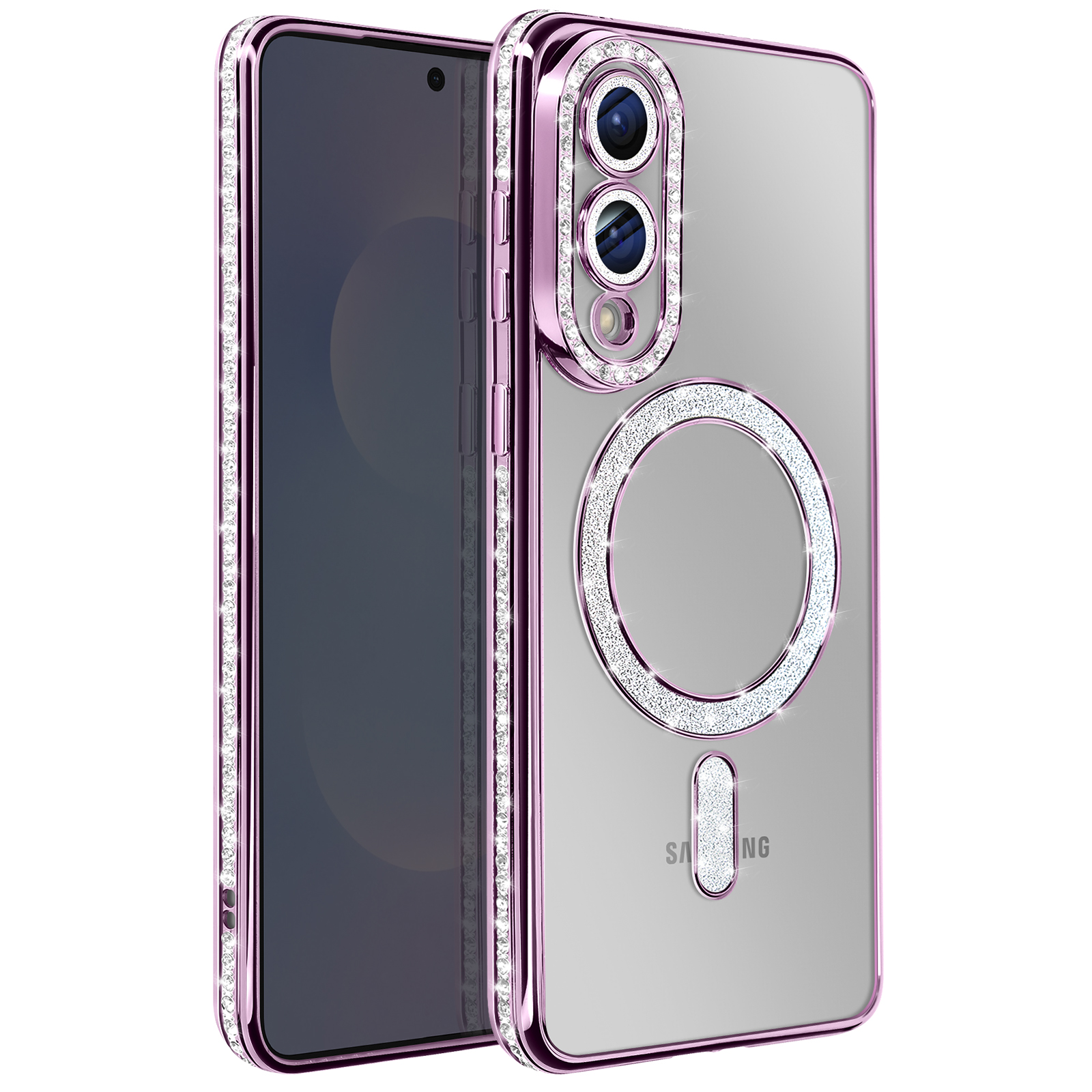 Une coque de téléphone transparente avec des bords roses et des strass. Elle a un anneau et une forme rectangulaire avec des strass. Un téléphone est à l'intérieur.