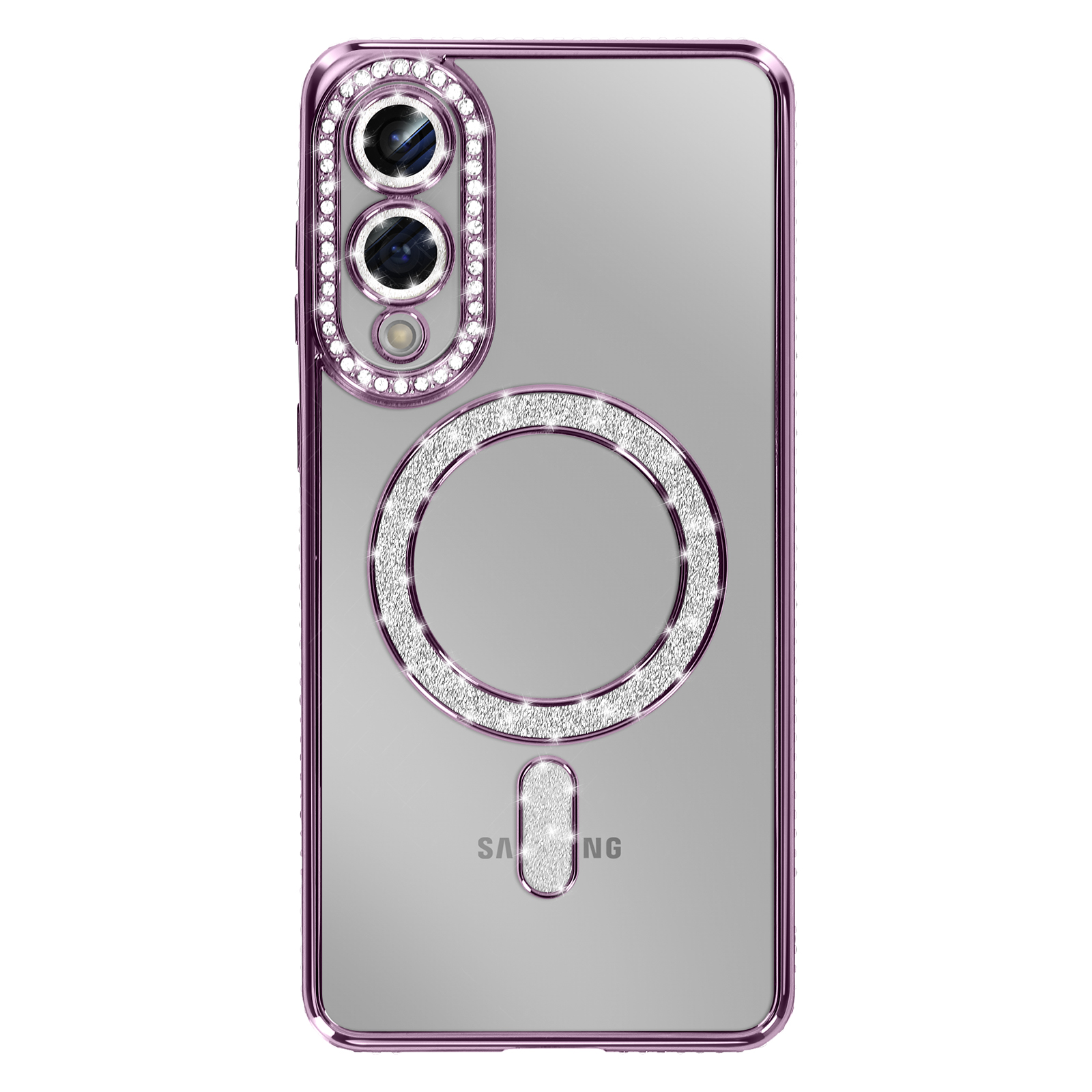 Coque de téléphone transparente avec détails diamants. Comprend une découpe caméra, un anneau de diamants circulaire et un rectangle inférieur, sur fond gris.