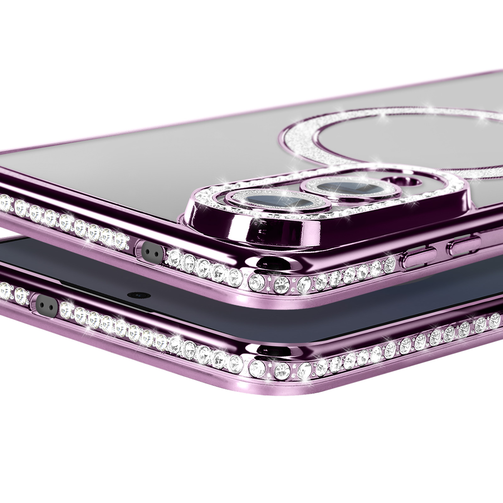 Gros plan sur une coque de téléphone violette. Elle a un anneau de strass autour de l'appareil photo.