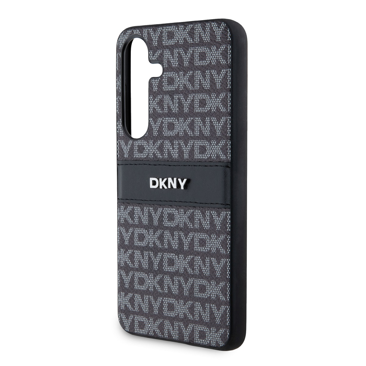 Una funda de teléfono con el logotipo de DKNY. La funda es negra con un patrón de logotipos DKNY. El logotipo está en una franja de cuero negro.