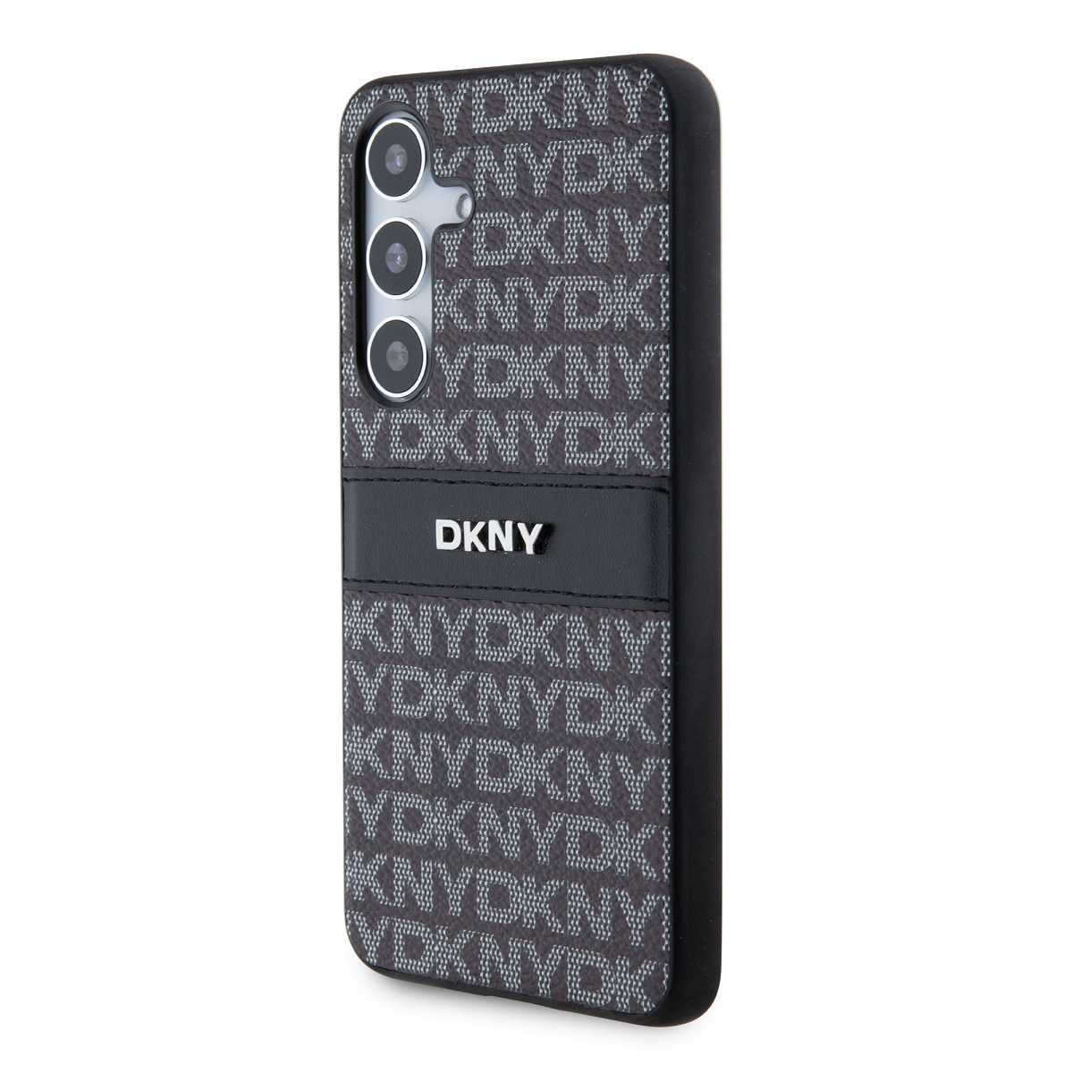 Una funda de teléfono con el logo de DKNY. La funda es negra con un patrón de logotipos DKNY en gris.