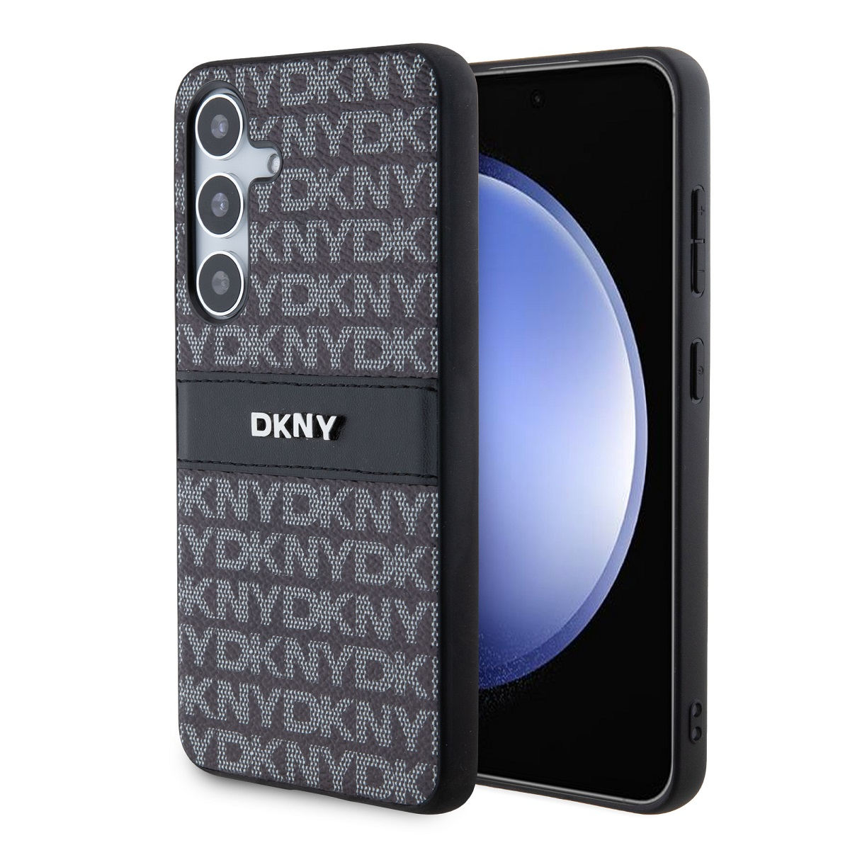 Un smartphone con una funda DKNY. La funda tiene un patrón gris con el logo DKNY. La pantalla del teléfono muestra un degradado azul.