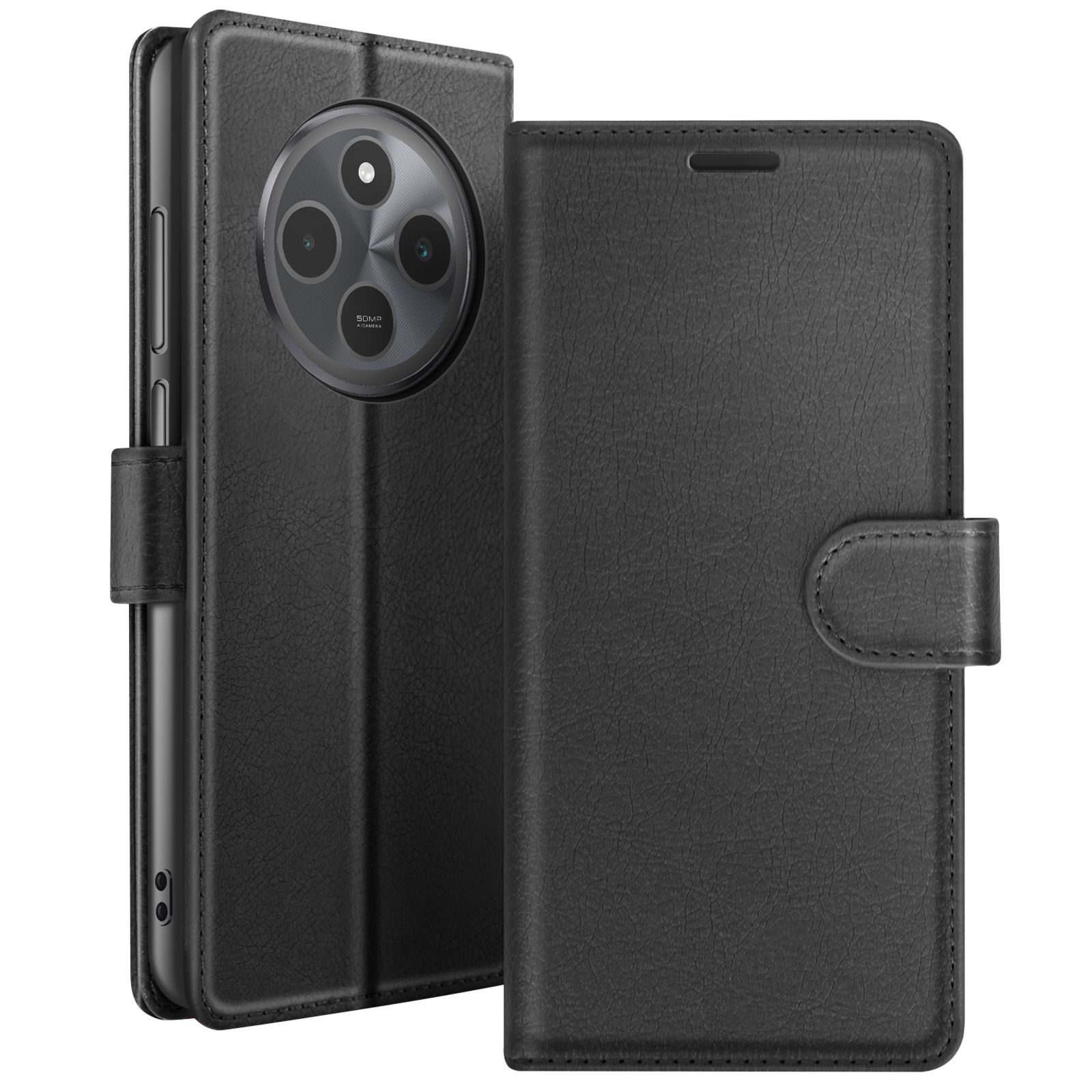Een zwarte telefoonhoes, open. De camera van de telefoon is zichtbaar. De hoes heeft een leertextuur en een magnetische sluiting.