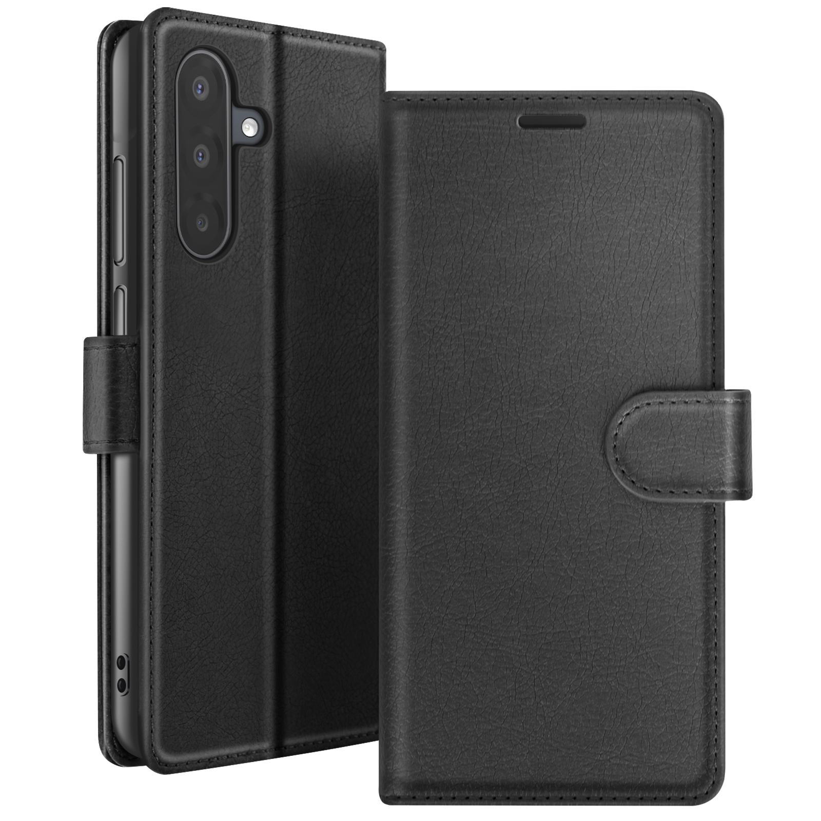Zwarte leren telefoonhoes, open. Toont de telefoon in de hoes. Knopsluiting op de voorklep.