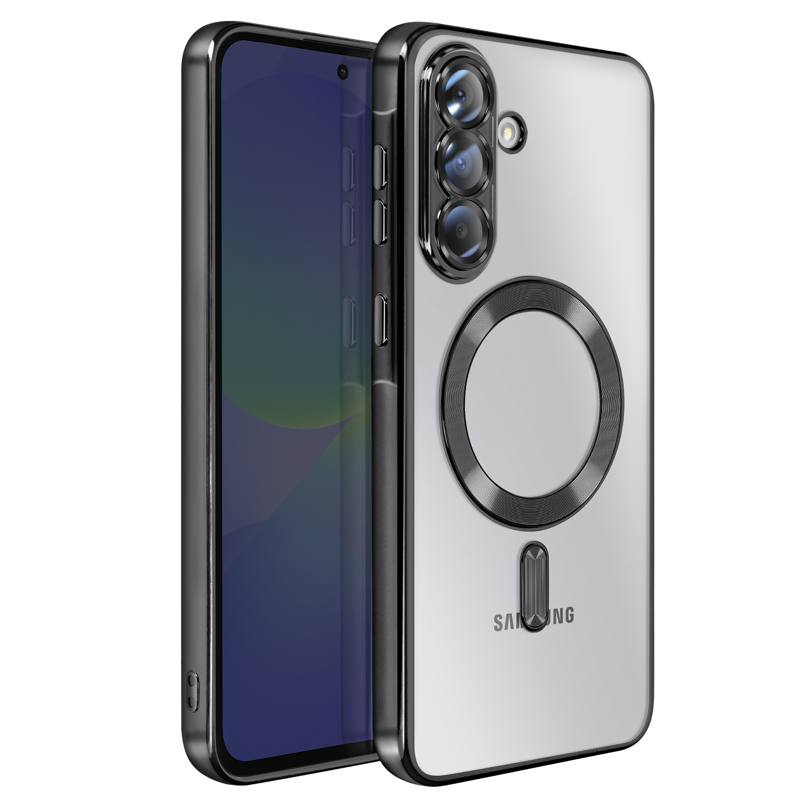 Coque de téléphone transparente avec bordure noire. Elle possède une zone magnétique circulaire et des lentilles de caméra. Le logo Samsung est visible.