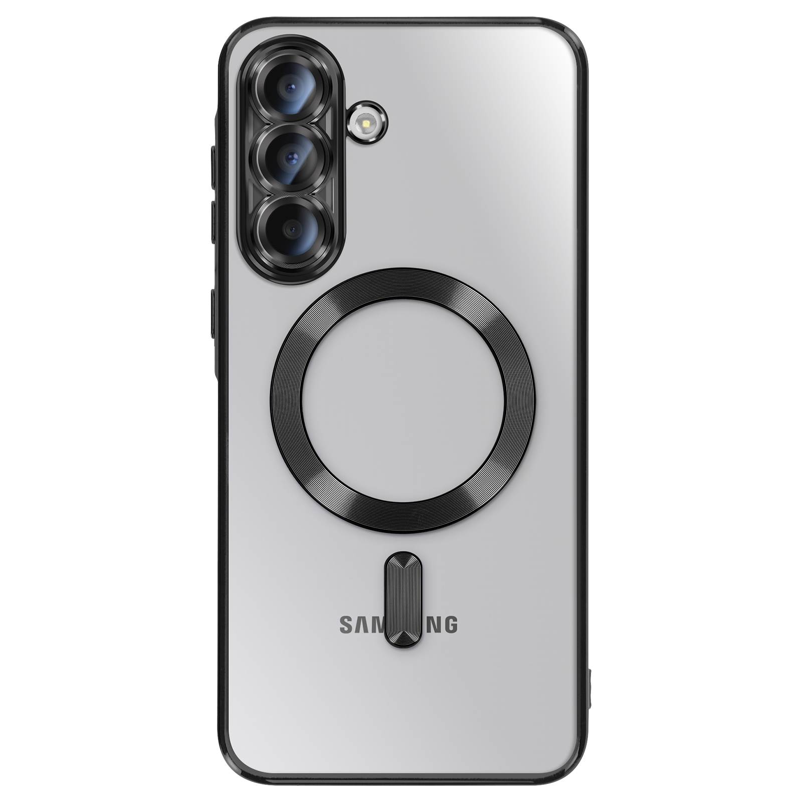 Coque de téléphone transparente avec un anneau noir et une forme rectangulaire, sur un téléphone gris. Elle a une caméra et le logo Samsung.