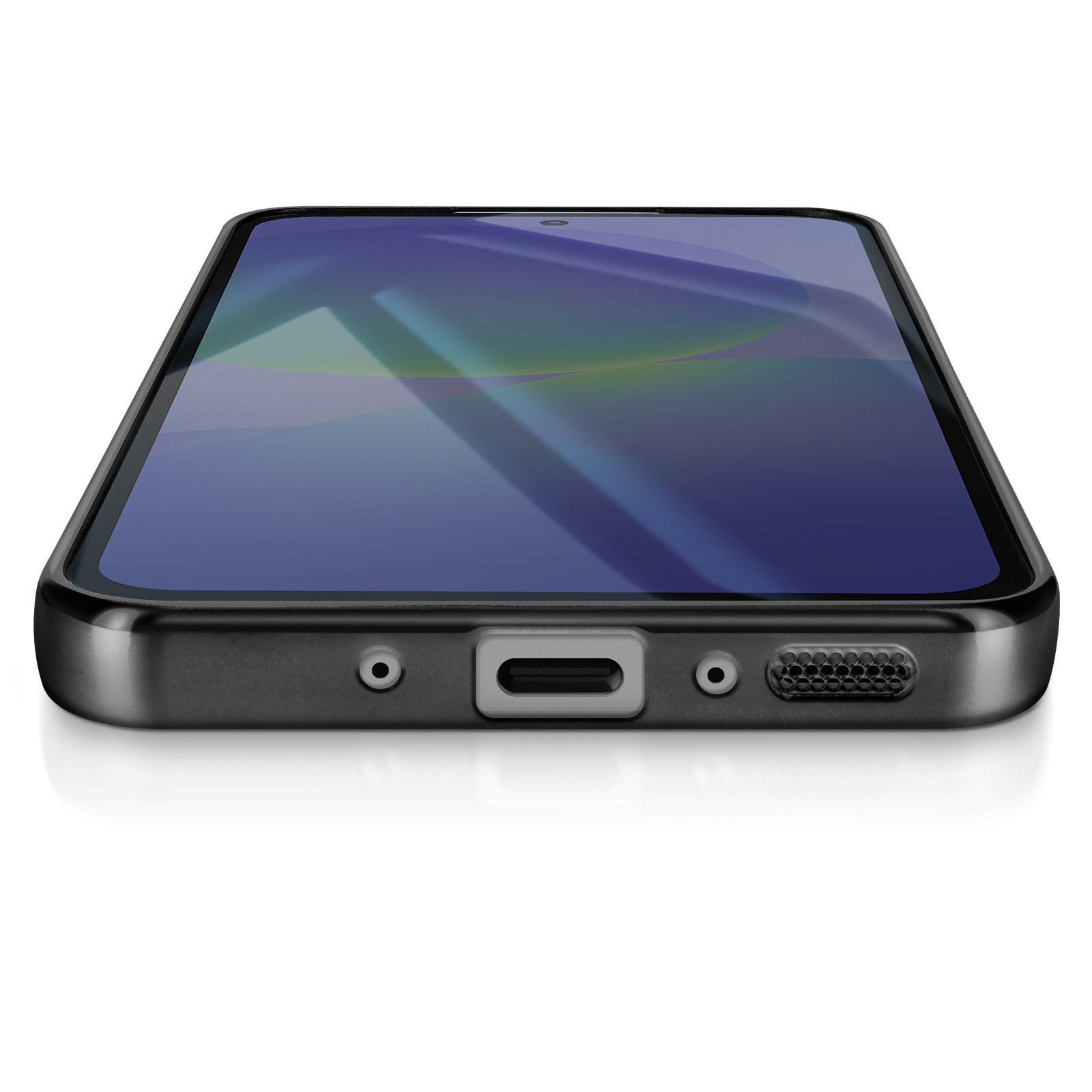 Gros plan d'un smartphone noir. L'écran est bleu avec des motifs abstraits. Le bas comporte des ports et un haut-parleur.