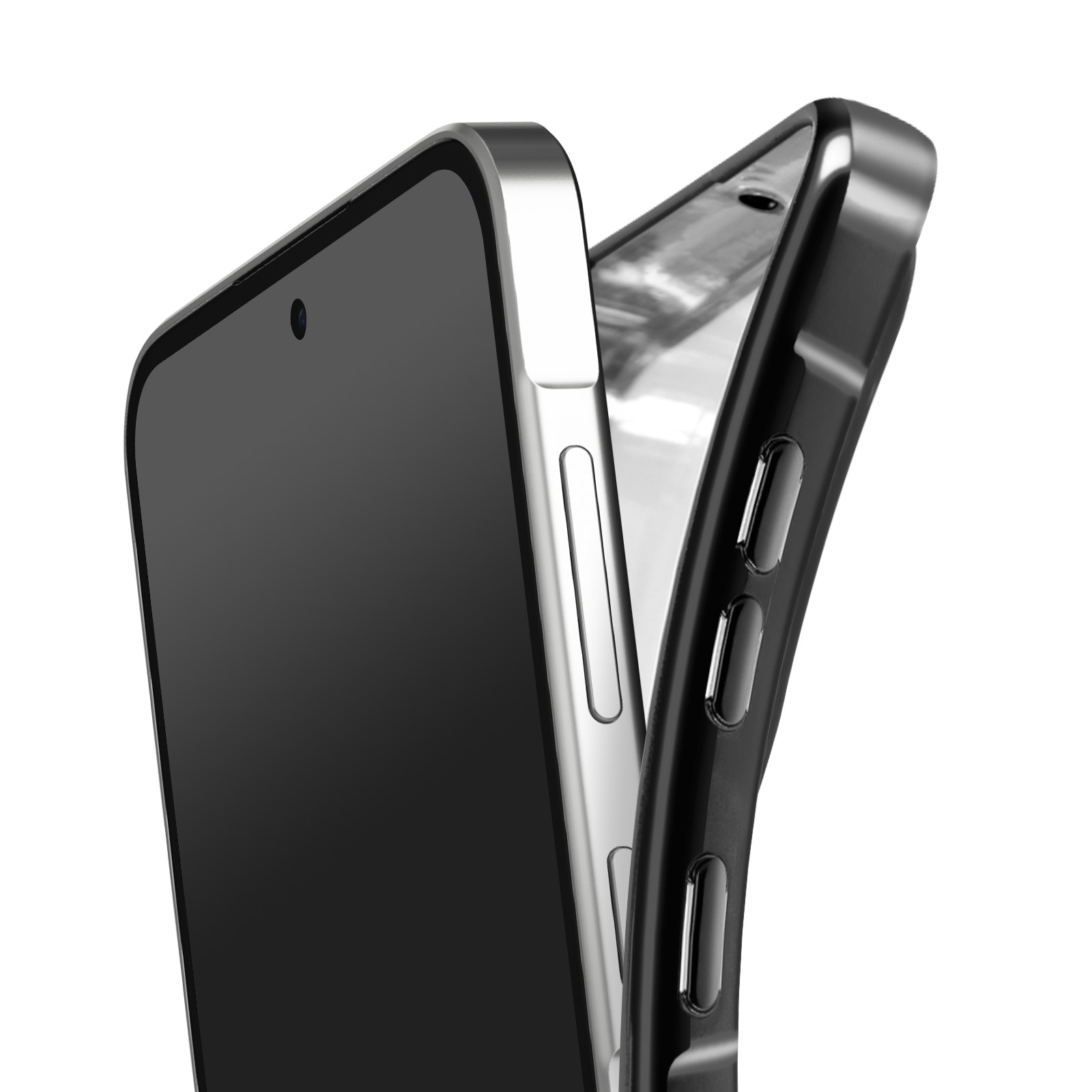 Deux téléphones : un argenté, un noir. Le téléphone argenté est partiellement dans un étui noir. Fond blanc.