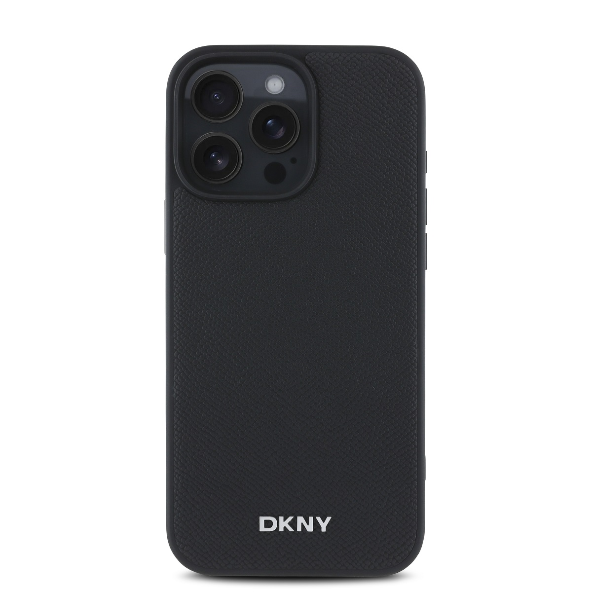 Una custodia nera per iPhone con logo DKNY. Ha una superficie strutturata e un modulo fotocamera con tre lenti e flash.