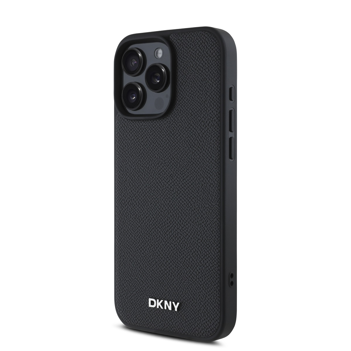Una custodia per telefono DKNY nera con tre obiettivi. La custodia ha una superficie strutturata e si trova su sfondo bianco.
